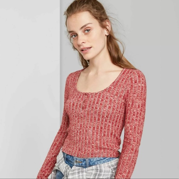 NWT Wild Fable Scoop Neck Henley Cropped Top - Picture 1 of 7